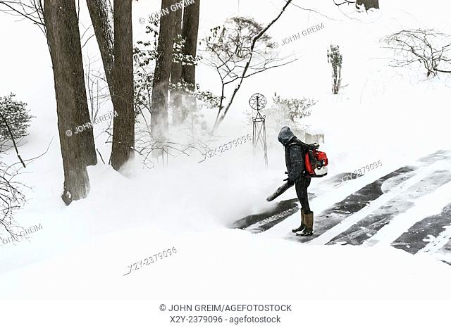 Woman clears driveway snow with a leaf blower