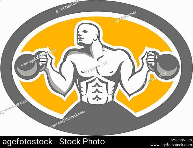 Illustration of a bodybuilder athlete muscle-up lifting kettlebell facing front set inside oval shape done in retro style on isolated white background