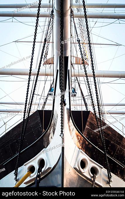 Detail of the bow of a historic sailing ship with iron hull
