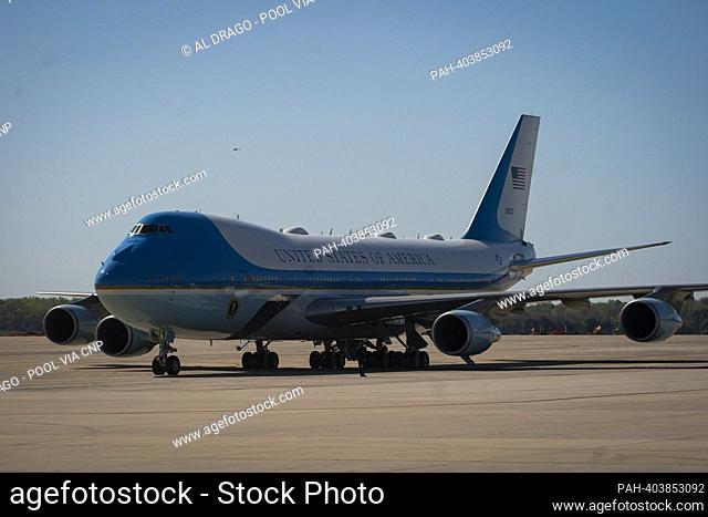 Air Force One, with United States President Joe Biden aboard on the tarmac at Joint Base Andrews, Maryland, US, on Tuesday, April 11, 2023