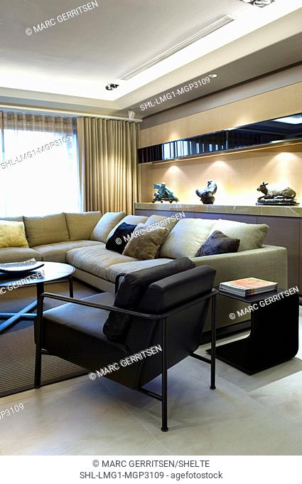 Modern Sectional Sofa with display shelf behind it