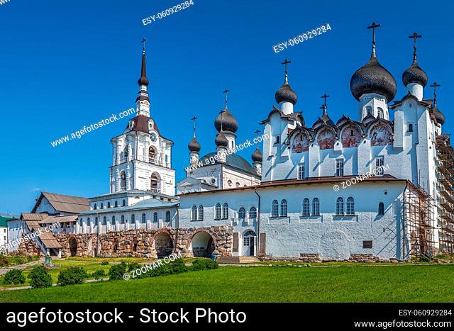 Solovetsky Monastery is a fortified monastery located on the Solovetsky Islands in the White Sea, Russia. View of the main courtyard
