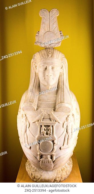 Photo taken during the opening visit of the exhibition ""Osiris, Egypt's Sunken Mysteries"". Egypt, Alexandria, Graeco-Roman museum, Osiris-Canope, marble