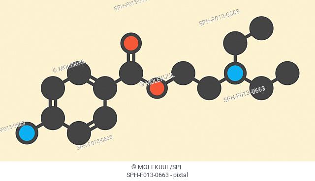 Procaine topical anesthetic drug molecule. Stylized skeletal formula (chemical structure). Atoms are shown as color-coded circles: hydrogen (hidden)