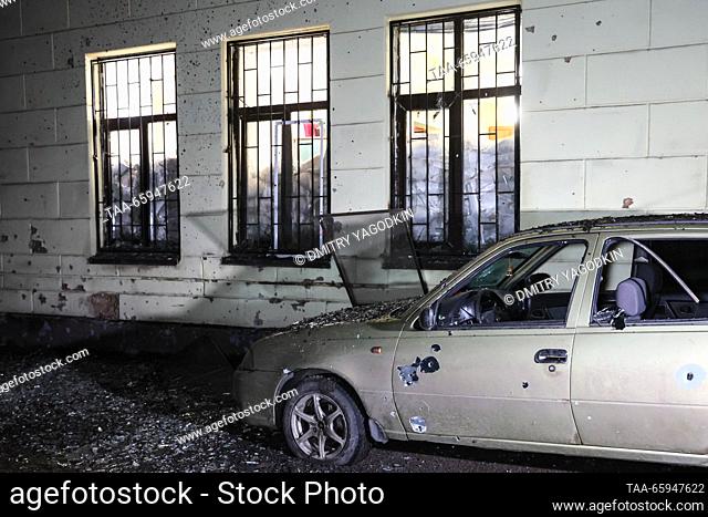 RUSSIA, DONETSK - DECEMBER 20, 2023: A car stands outside the Republican Trauma Centre damaged by a Ukrainian military strike, casualties reported