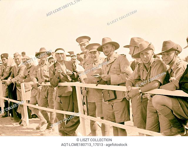 Race meeting horse & camel, Beersheba Australia officers watching races with Bisharet Eff. 1940, Israel, Beersheba