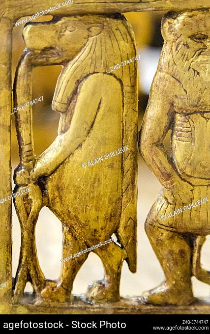 Egypt, Cairo, Egyptian Museum, from the tomb of Yuya and Thuya in Luxor : Detail of a wooden chair, plastered and gilded, goddess Taouret as hippopotamus