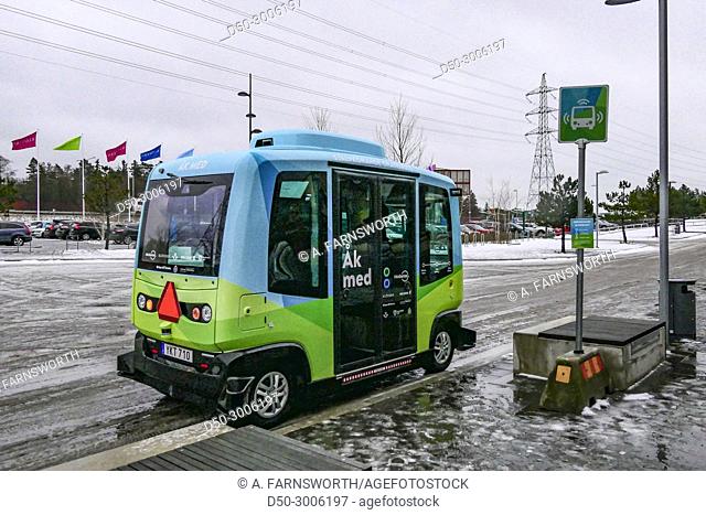 Kista suburb. Six month trial project. Self driving autonomous bus travels four stops at max 20 kmh on GPS technology. Stockholm, Sweden