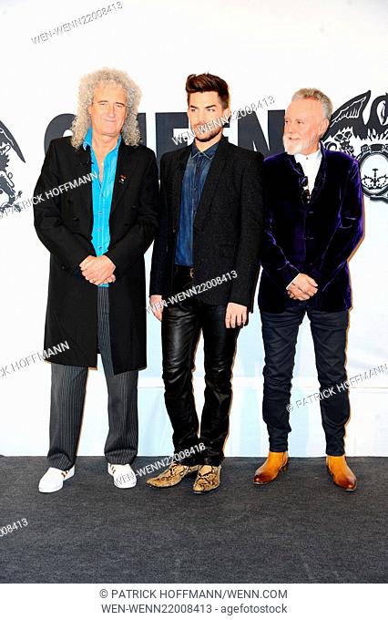 Brian May and Roger Taylor of Queen and Adam Lambert promoting their tour 'Queen and Adam Lambert' at Hotel The Ritz Carlton at Potsdamer Platz square