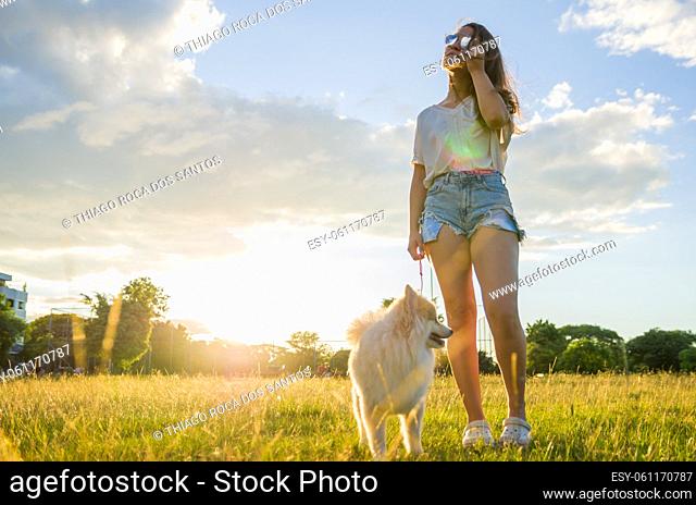 oung beautiful woman playing with German Spitz dog in the summer park