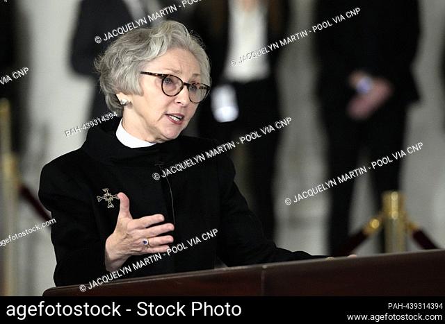 Rev. Dr. Jane E. Fahey speaks during a service for retired Supreme Court Justice Sandra Day O’Connor in the Great Hall at the Supreme Court in Washington