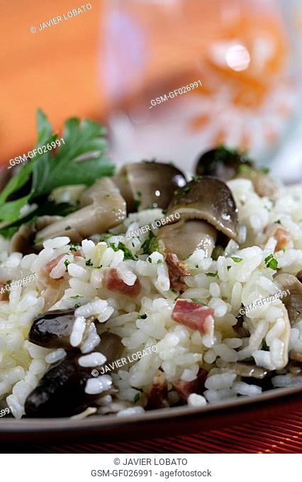 Rice with sweet onion, Iberian acorn ham and wild mushrooms