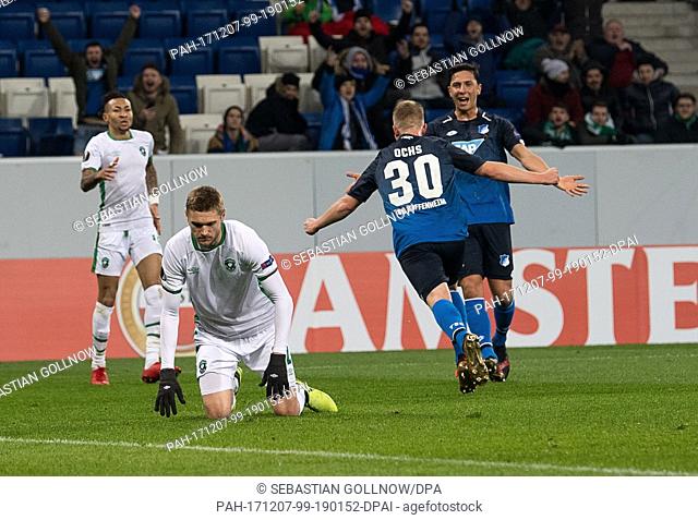 Hoffenheim's Philipp Ochs (2nd r) celebrates his 1:0 goal during the Europa League group C soccer match between 1899 Hoffenheim and Ludogorets Razgrad at the...