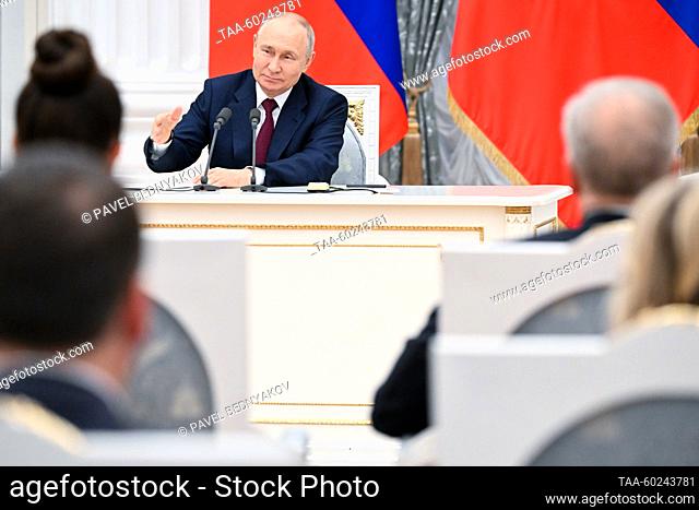 RUSSIA, MOSCOW - JULY 4, 2023: Russia’s President Vladimir Putin holds a meeting with alumni of the Russian Presidential Academy of National Economy and Public...