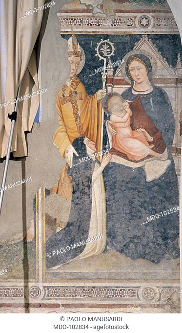 Madonna entrhoned and Child, with Saint bishop and devoted nun, by Master of San Nicolò ai Celestini, 14th Century, fresco