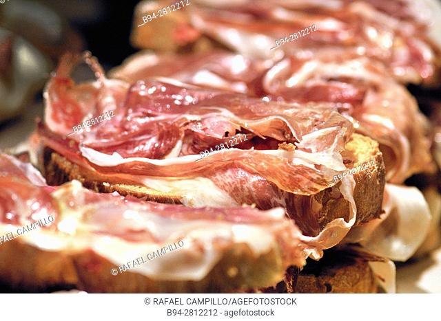 Ham with bread. Pintxos or Tapas. Food very Typical in the Basque country. Spain