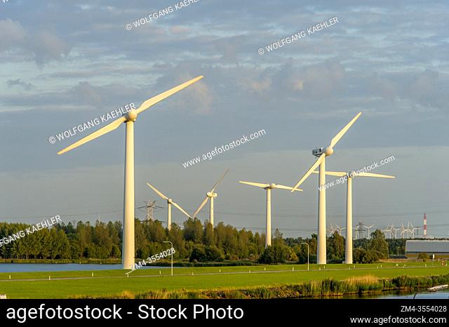 Wind power generators (windmills) near Hoogerheide, a village in North Brabant, Netherlands, near the border to Belgium