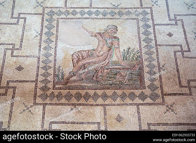 Paphos, Paphos District, Cyprus - March 23 , 2023 - Decorated floors with mosaic tiles with ancient Greek mythology