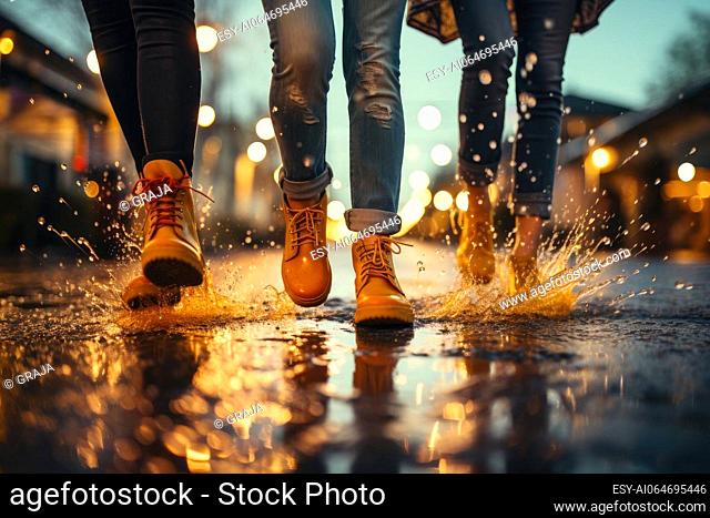 Low angle view of kids feet running in the puddle after rain, feelings of joy and happyness. Puddle on a street with reflection of running group of kids