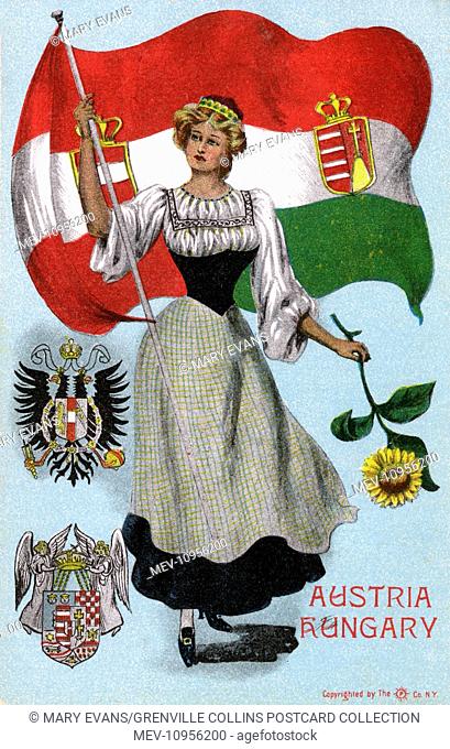 Female Personification of Austria Hungary with Flag and heraldic crests