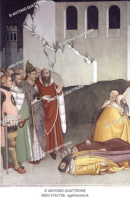 Sylvester Closing the Jaws of a Dragon and Resuscitating two Wizards (San Silvestro chiude le fauci a un drago e resuscita due maghi), by Maso di Banco, 1340