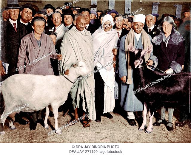 Mahatma Gandhi, Mirabehn and others at Royal Agricultural Hall, London, England, October 23, 1931