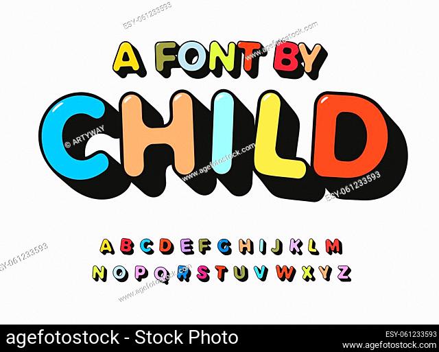Child alphabet color abc playful font with contour for comic art type, kids zone text, toy logo, children birthday headline, cartoon lettering