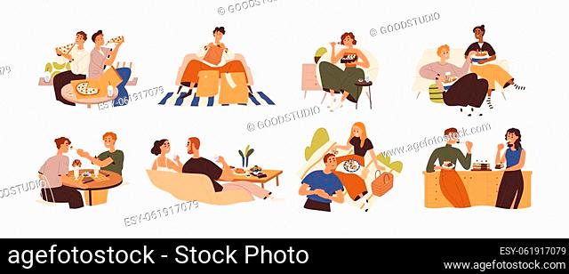 Set of people eating food at home, cafe and outdoors. Men and women relaxing and enjoying delivered meals, fastfood, pizza, cake