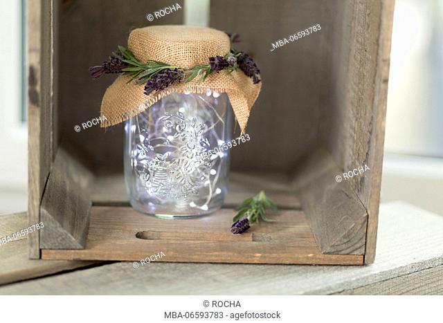 Mason Jar, chain of lights, decoration, fruit box