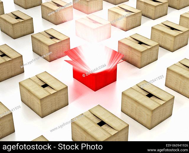 Red cardboard box with glowing light ray standing out. 3D illustration