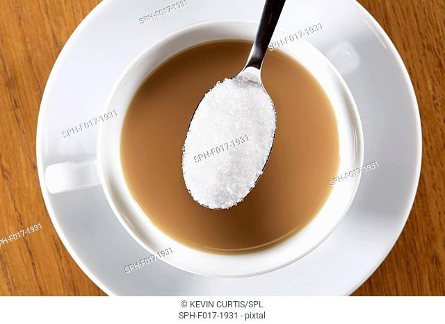 Cup of tea with spoonful of sugar, overhead view