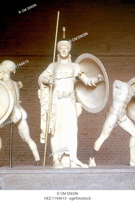 Reconstruction of part of the West Pediment of the Temple of Aphaia, Aegina, Greece, c500-480 BC. Athena is in the centre of the image