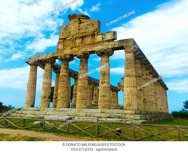 Paestum (Capaccio, SA, Cilento, Campania, Italy). The Temple of Athena or Temple of Ceres (c. 500 BC), located in the archaeological site of Poseidon