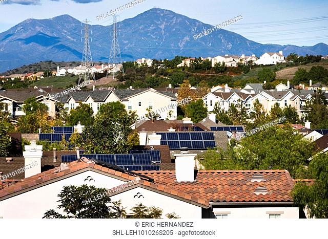 Rooftop view of community with solar panels