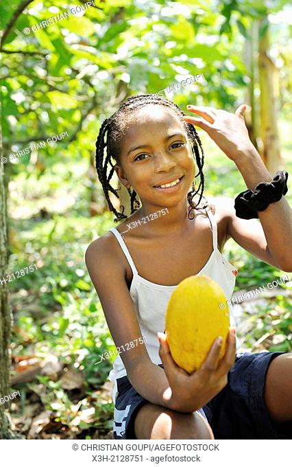 teenager holding a cocoa pod in a plantation around the village of Praia das Conchas, in the northern part of Sao Tome Island, Republic of Sao Tome and Principe