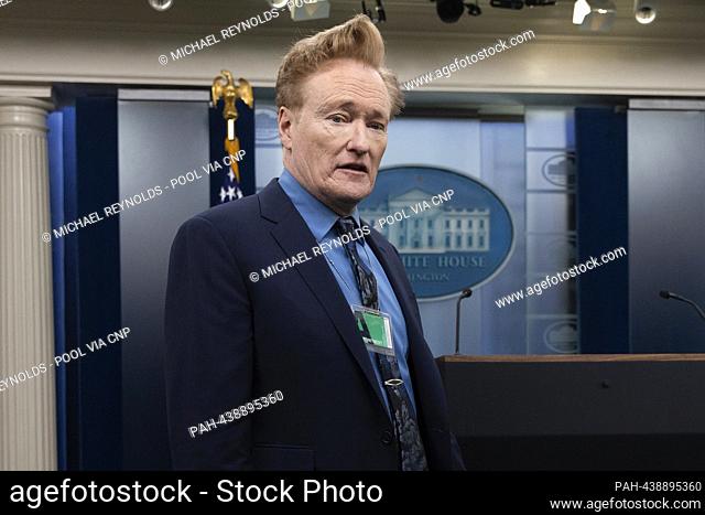 US comedian and television host Conan O'Brien walks in the James Brady Press Briefing Room during a visit to the White House in Washington, DC, USA