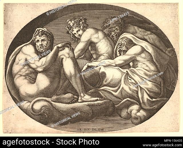 Hercules, Bacchus, Pan, and Saturn, from a series of eight compositions after Francesco Primaticcio's designs for the ceiling of the Ulysses Gallery (destroyed...
