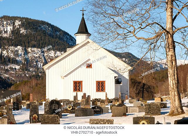 Church and cemetery in Atra. Tinnsja lake. Norway
