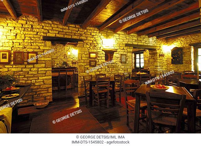 Restaurant area of the guest house, 'To Archontiko Tis Aristis' in Aristi village. Ioannina, Epiros, Greece, Europe