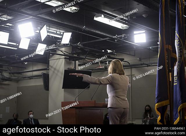 Speaker of the United States House of Representatives Nancy Pelosi (Democrat of California) offers remarks and fields questions from reporters during her weekly...