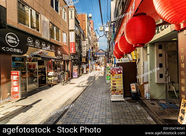 Red paper lanterns of restaurant in the shopping street from the west exit of Kanda Station on the Yamanote Line. The street extends over 300 meters and has no...