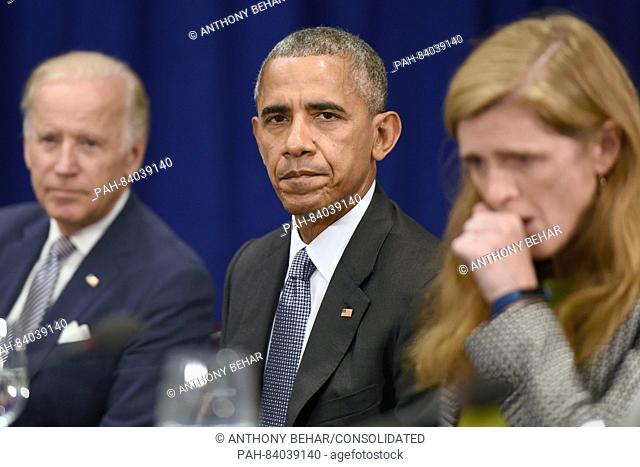 (L-R) United States Vice President Joe Biden, U.S. President Barack Obama and Samantha Power, United States Ambassador to the United Nations