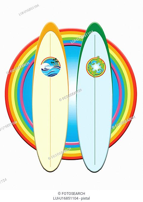 Two Surfboards in Rainbow Frame, Painting, Illustration
