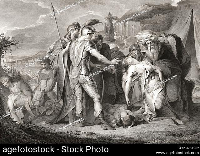 Illustration for William Shakespeareâ. . s play King Lear, Act V, Scene III. From an 18th century engraving by Francis Legat after a work by James Barry