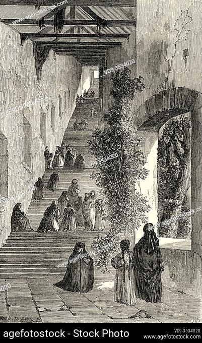 The Pilgrimage steps at Mariahilf monastery in Passau, Lower Bavaria, Germany Europe. Old 19th century engraved illustration, Le Tour du Monde 1863
