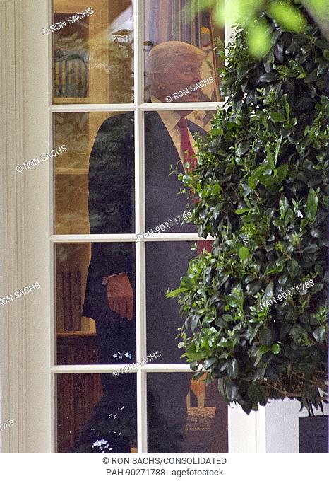 United States President Donald J. Trump in the Oval Office prior to departing the South Lawn of the White House in Washington, DC en route to Harrisburg