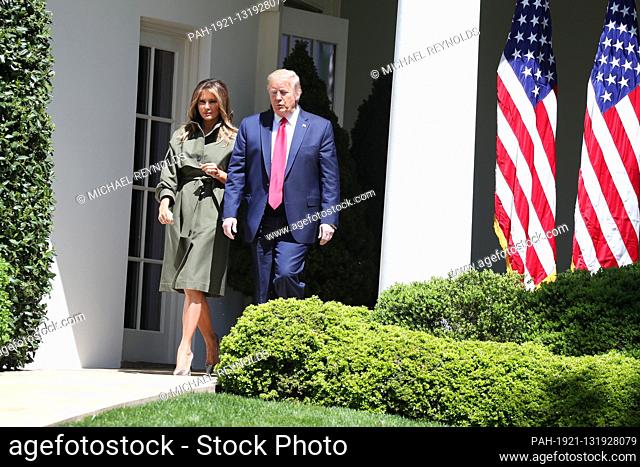 United States President Donald J. Trump and first lady Melania Trump arrive to plant a tree in celebration of Earth Day and Arbor Day on the South Lawn of the...