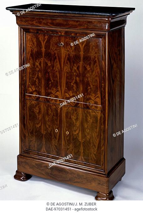 Louis Philippe style drop leaf secretary with Honduran flamed mahogany veneer finish, with black marble top, open. France, first half 19th century