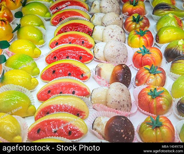 frutta martorana, traditional marzipan sweets, cefalu, sicily, italy, europe