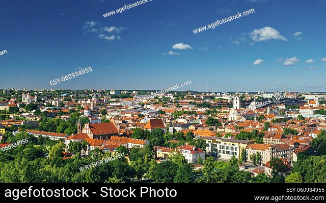 Cityscape Of Vilnius, Lithuania In Summer. Beautiful Panoramic View Of Old Town In Evening. View From The Hill Of Upper Castle